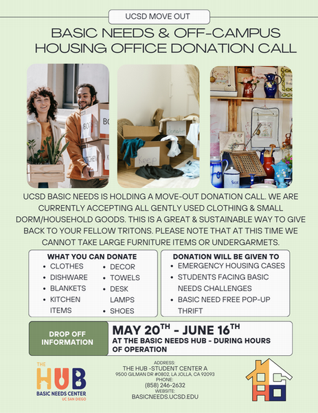 The Basic Needs Hub and Off-Campus Housing Office are looking for donations including: clothes, shoes, dishes, kitchen items, blankets, decor, towels, and desk lamps. They are NOT accepting any undergarments or furniture. They are accepting items May 20th to June 16th at the Basic Needs Hub in the Old Student Center during their usual hours of operation. 